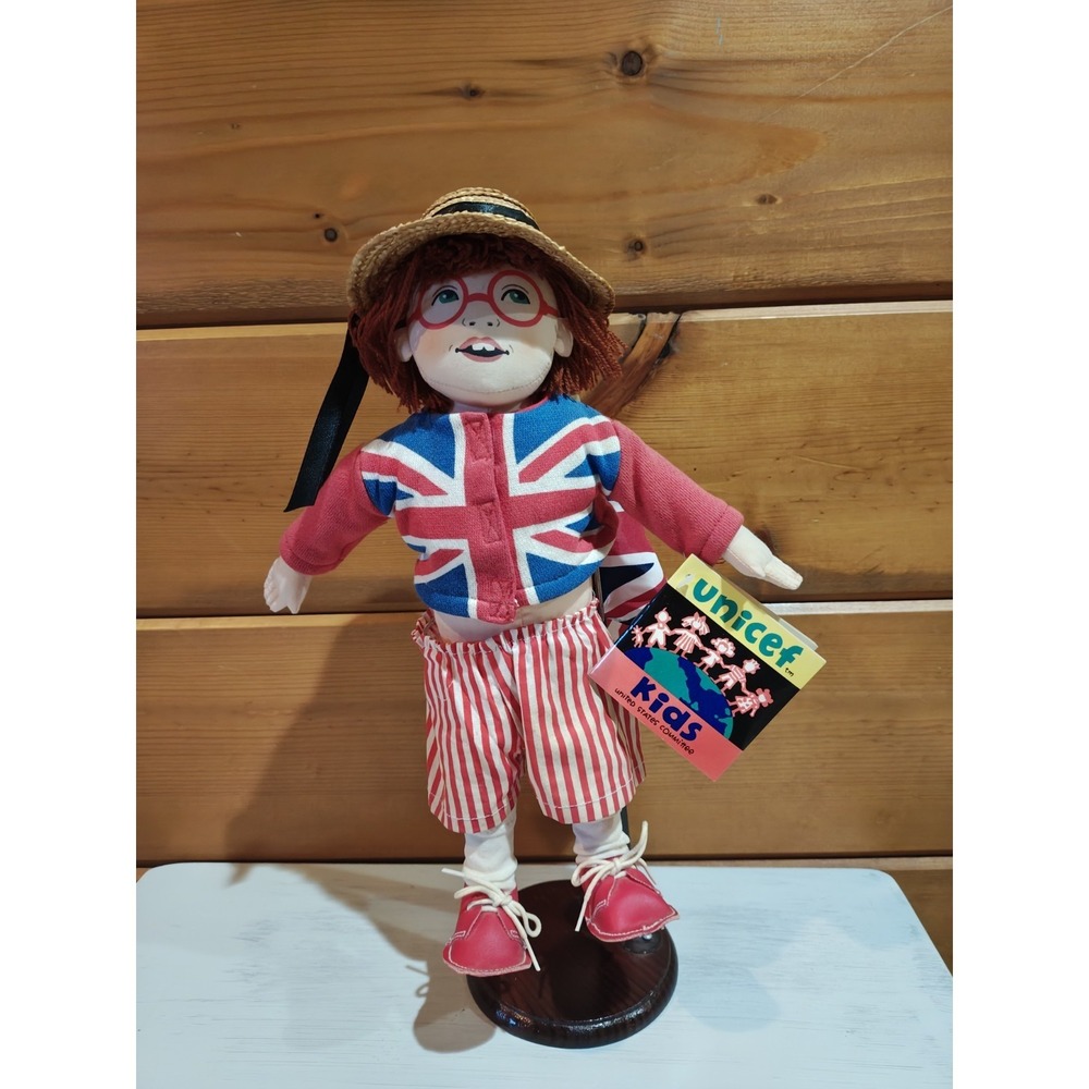 UNICEF Wendy Great Britain Vintage United Nations Toy 1992 Rag Doll Plush Stand